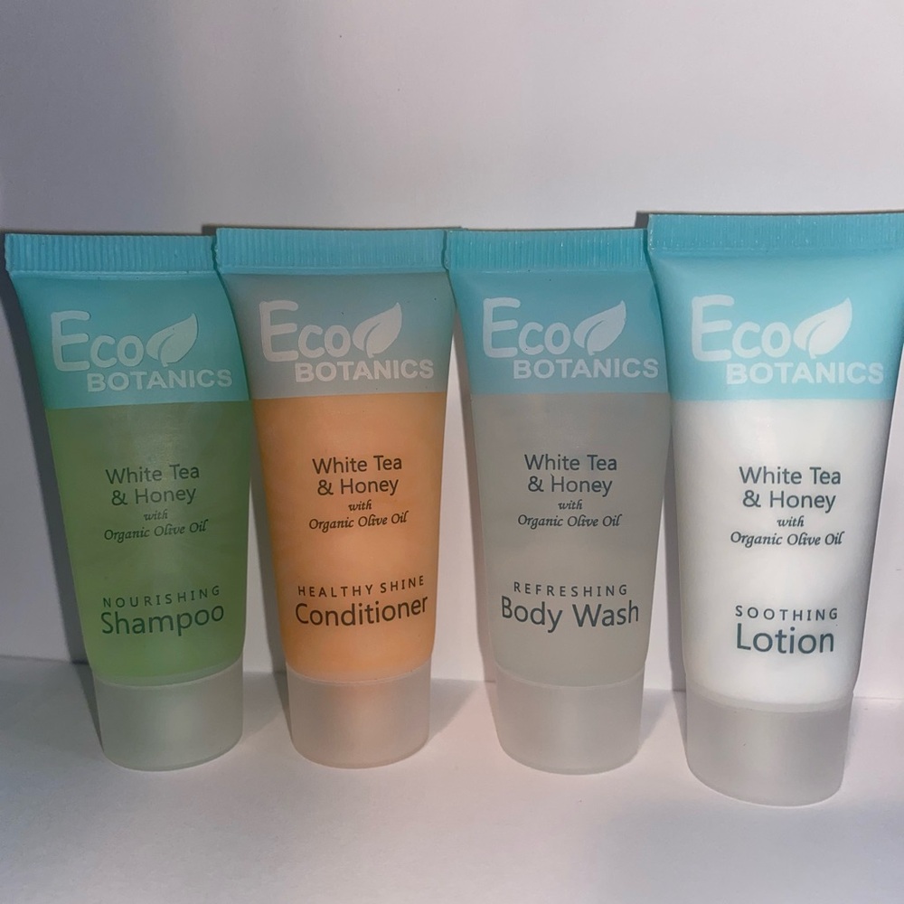 Travel Size Toiletry Set. Includes shampoo, conditioner, body wash, & lotion.